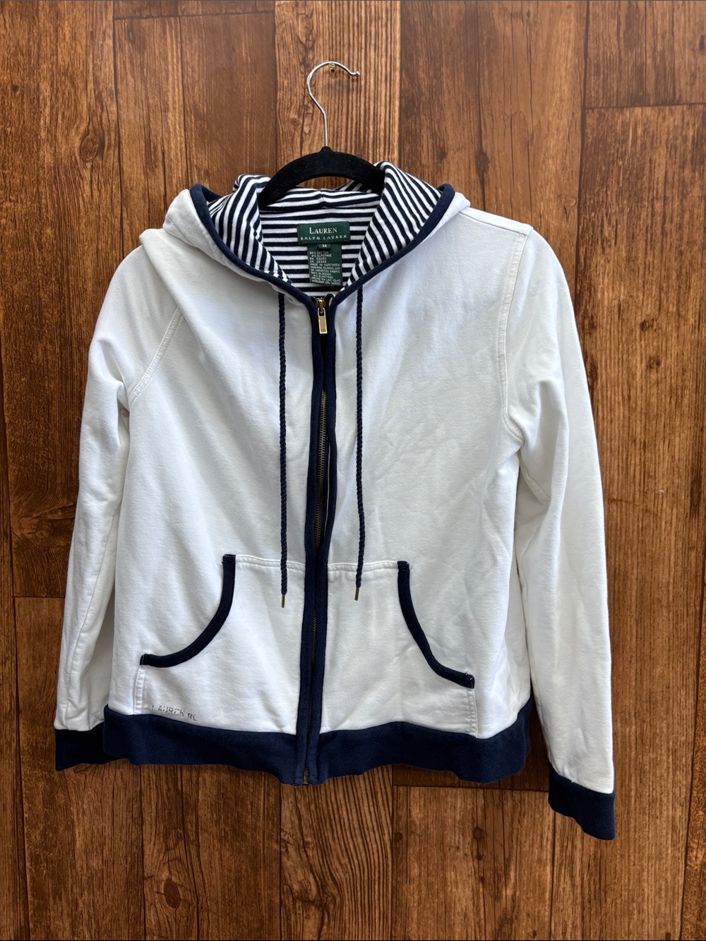 Lauren Ralph Lauren White and Navy Striped-Lined Hood Zip Jacket